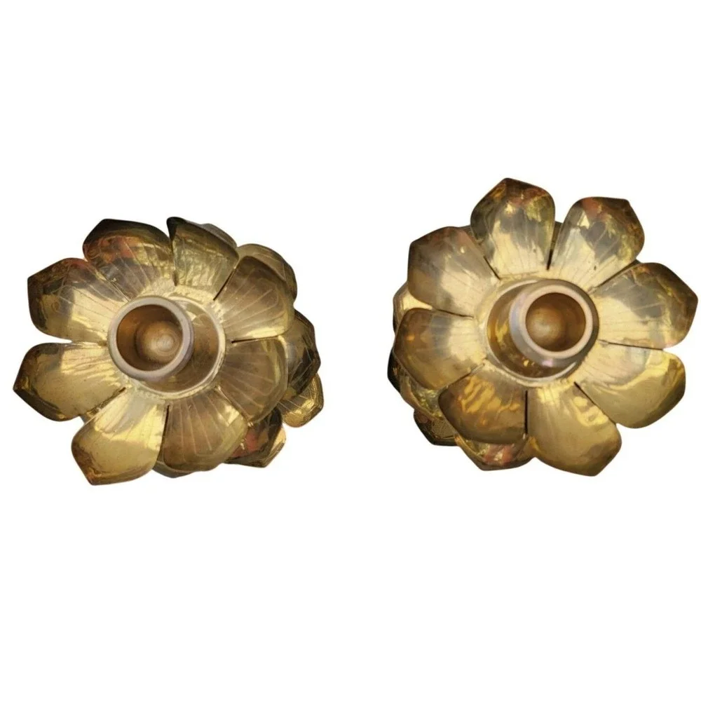 Pair of‎ VTG Brass Lotus Flower PARZINGER Style Candle Holder Hollywood Regency